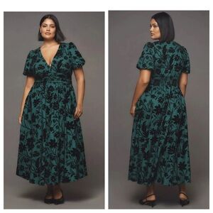 ANTHROPOLOGIE Katerina Button Front Green With Velvet Floral Dress size 1X